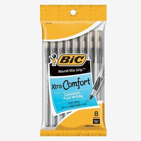 Bic Round Stic Grip Xtra Comfort Black Pens 8 Pk