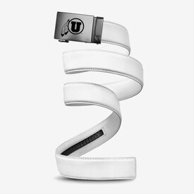 Mission Belt Chrome Athletic Logo Belt Buckle White Leather Belt